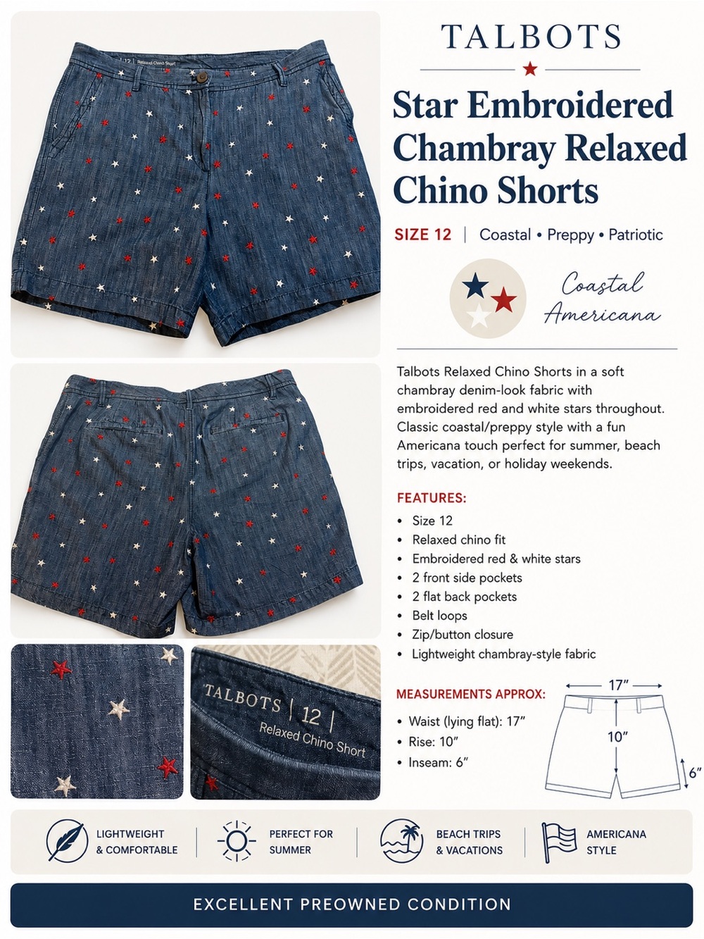 Talbots Relaxed Chino Star Embroidered Shorts Size 12 Coastal Preppy